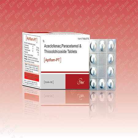 Product Name: Aptflam PT, Compositions of Aptflam PT are Aceclofenac, Paracetamol & Thiocolchicoside Tablets - Elkos Healthcare Pvt. Ltd