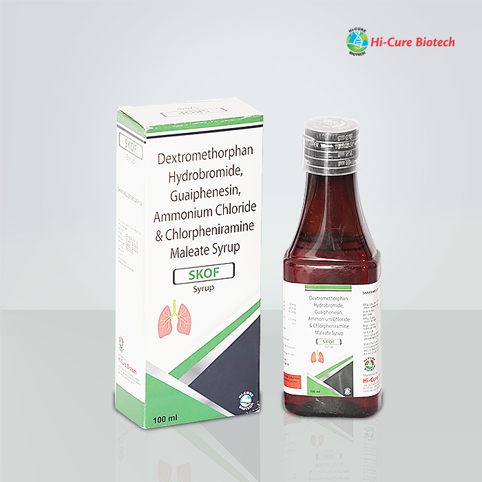 Product Name: SKOF, Compositions of SKOF are DEXTROMETHORPHAN 5 MG + HBR 50MG + GUAIPHENESIN 50MG +AMMONIUM CHLORIDE 60MG + CPM 2.5 MG - Reomax Care