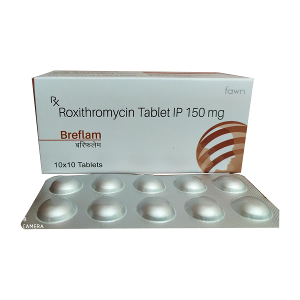Product Name: BREFLAM, Compositions of BREFLAM are Roxithromycin Tablets I.P 150mg - Fawn Incorporation