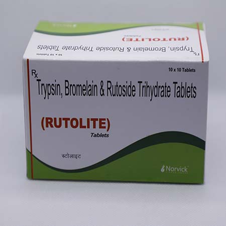 Product Name: Rutolite, Compositions of Rutolite are Trypsin, Bromelain & Trihydrate Tablets - Norvick Lifesciences
