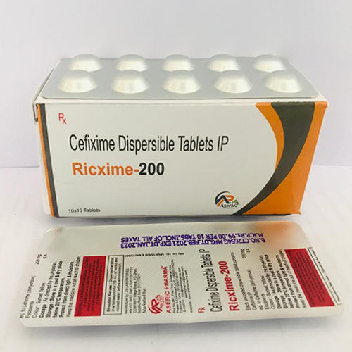 Product Name: Ricxime 200, Compositions of Ricxime 200 are Cefixime Dispersable Tablets IP - Aseric Pharma