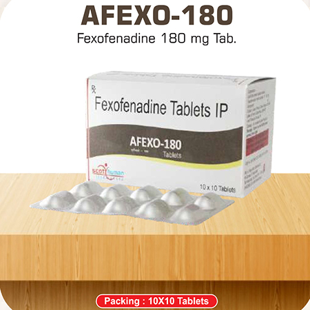 Product Name: Afexo 180, Compositions of Afexo 180 are Fexofenadine 180 mg Tab. - Scothuman Lifesciences