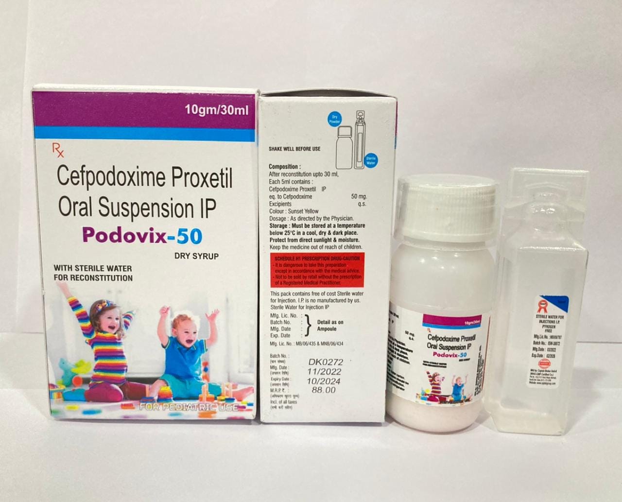 Product Name: PODOVIX 50 Dry Syrup, Compositions of PODOVIX 50 Dry Syrup are CEFPODOXIME 50MG - Feravix Lifesciences