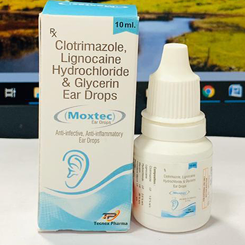 Product Name: MOXTEC EAR DROP, Compositions of MOXTEC EAR DROP are Clotrimazole, Lignocaine HCL & Gylcerin Ear Drops - Tecnex Pharma