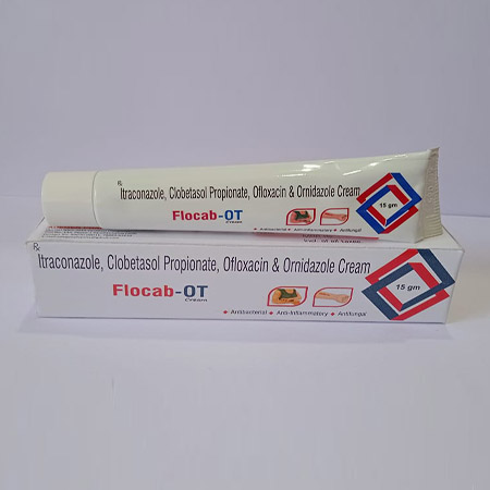 Product Name: Flocab OT, Compositions of Flocab OT are Ofloxacin, Ornidazole, Itraconazole & Clobetasol Propionate Cream - Adegen Pharma Private Limited