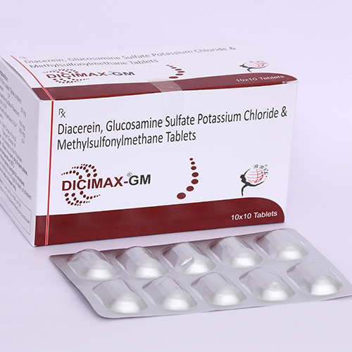 Product Name: DICIMAX GM, Compositions of DICIMAX GM are Diacerein, Glucosamine Sulfate Potassium Chloride & Methylsufonylmethane Tablets - Biomax Biotechnics Pvt. Ltd