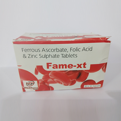 Product Name: Fame XT, Compositions of Fame XT are Ferrous Ascrobate, Folic Acid & Zinc Sulphate Tablet - Medifame Biotech