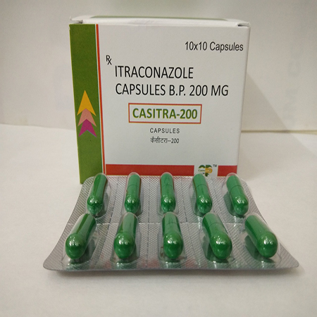 Product Name: Casitra 200, Compositions of Casitra 200 are Itracanazole Capsules BP 200mg - Cassopeia Pharmaceutical Pvt Ltd