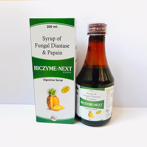 Product Name: Riczyme Next, Compositions of Riczyme Next are Syrup of Fungal Diastate & Papain - Aseric Pharma