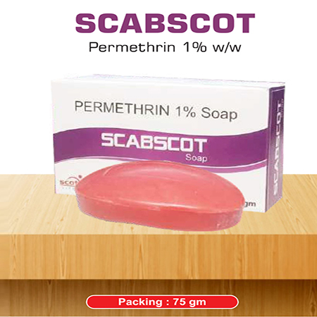 Product Name: Scabscot, Compositions of Scabscot are Permethrin 1% Soap - Scothuman Lifesciences