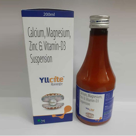 Product Name: YLLCITE, Compositions of YLLCITE are Calcium Magnesium, Zinc & Vitamin D3 Suspension - Kryptomed Formulations Pvt Ltd