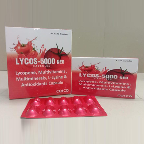 Product Name: Lycos 5000 Neo, Compositions of Lycos 5000 Neo are Lycopene,Multivitamins,Multiminerals,L-Lysine and Antioxidant Capsules - Jonathan Formulations