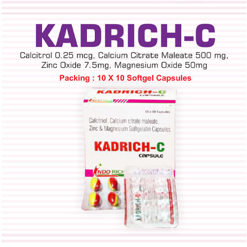 Product Name: Kadrich C, Compositions of Kadrich C are Calcitrol,Calcium Citrate Malate,Vitamin k27 ,Methylcobalamin,Zinc & Magnesium Soft Gelatin Capsules - Pharma Drugs and Chemicals