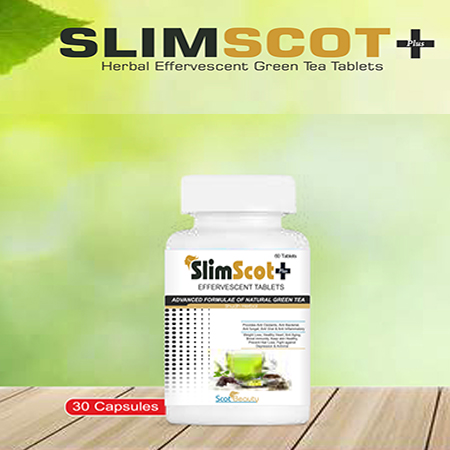 Product Name: Slimscot +, Compositions of Slimscot + are Herbal  Effervescent Green Tea Tablets - Scothuman Lifesciences