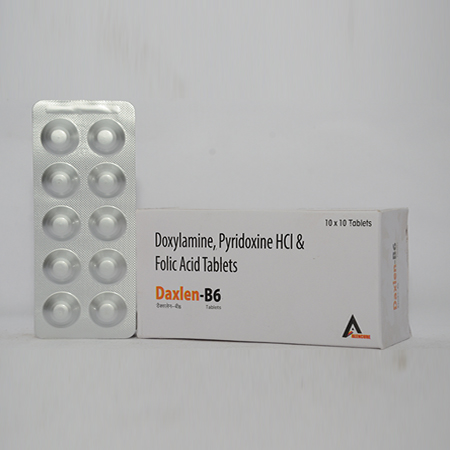 Product Name: DAXLEN B6, Compositions of DAXLEN B6 are Doxylamine, Pyridoxine HCL & Folic Acid Tablets - Alencure Biotech Pvt Ltd