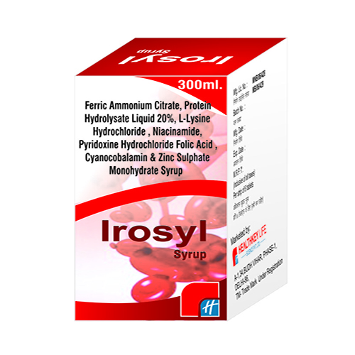 Product Name: Irosyl, Compositions of Irosyl are Ferric Ammonium Citrate, Protein Hydrolysate Liquid 20%, L-Lysine Hydrochloride, Nicinamide, Pyridoxine HCL Folic Acid, Cyanocobalamin & Zinc Sulphate Monohydrate Syrup - Healthkey Life Science Private Limited