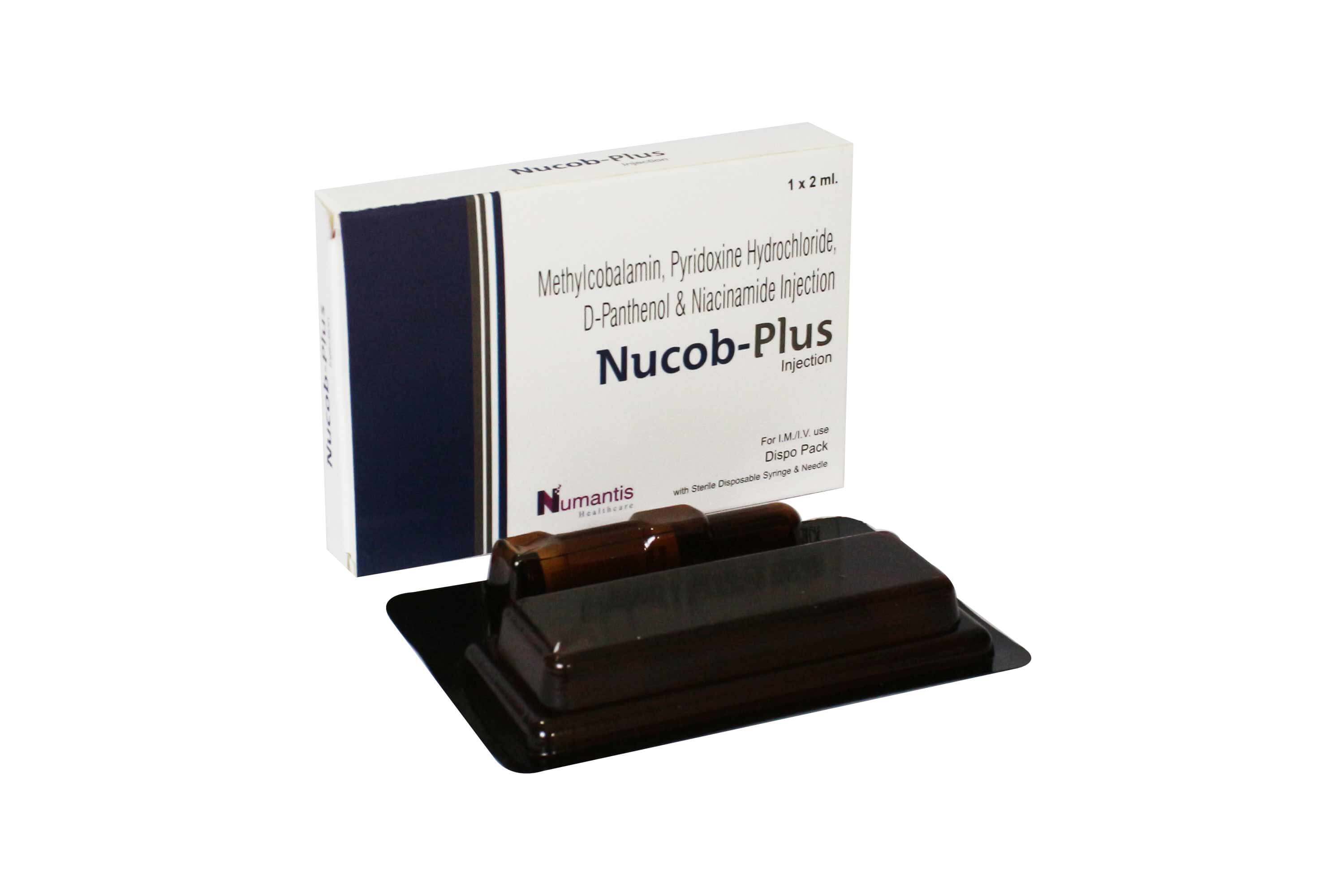 Product Name: Nucob Plus, Compositions of Nucob Plus are Methylcobalamin Pyridoxine Hydrochloride , D-Panthenol & Niacinamide Injection - Numantis Healthcare