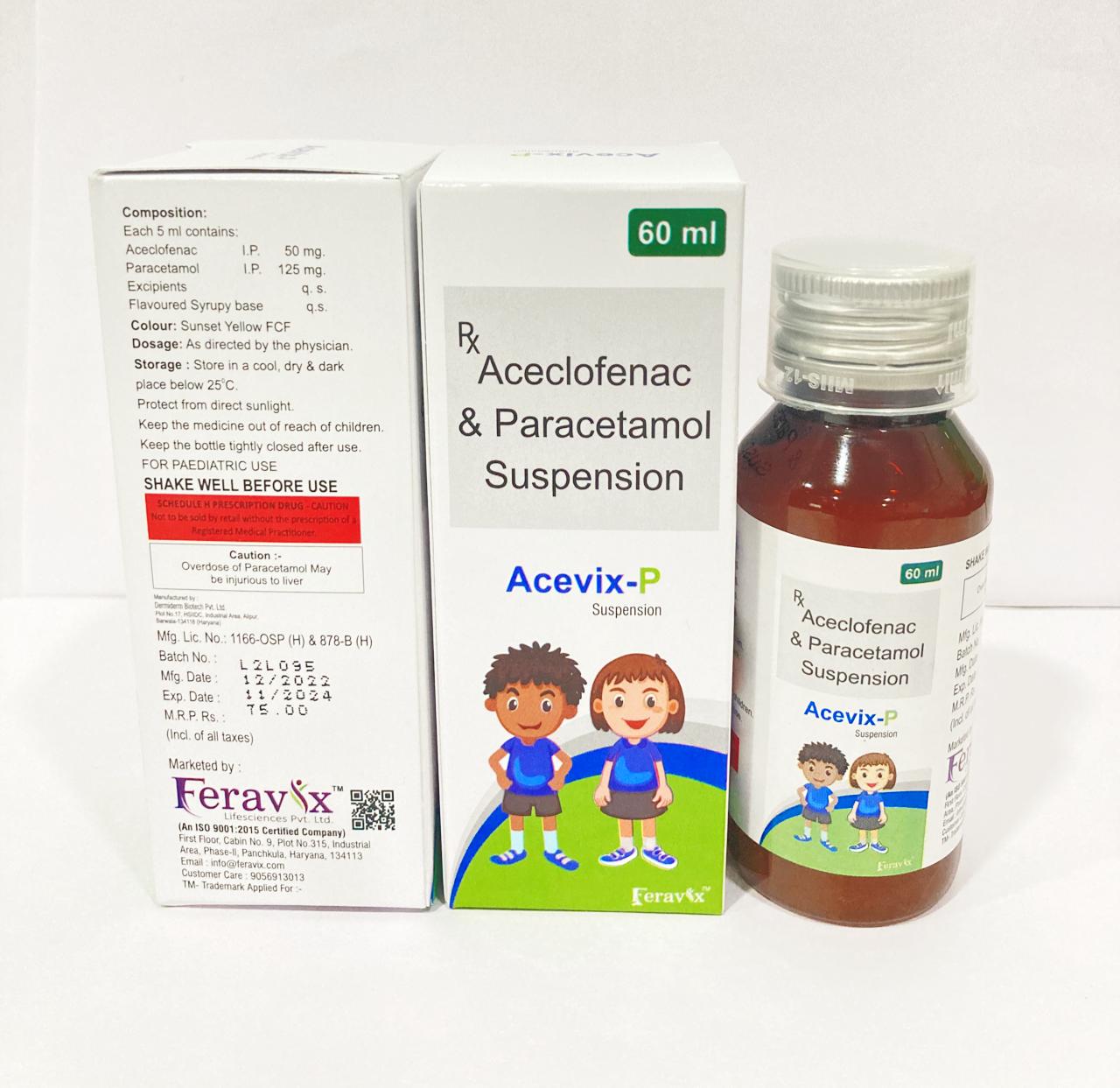 Product Name: ACEVIX P Syrup, Compositions of ACEVIX P Syrup are ACECLOFENAC 50 MG, PARACETAMOL 125 MG - Feravix Lifesciences