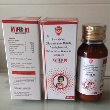 Product Name: Avifed DS, Compositions of Avifed DS are Paracetamol Chlorpheniramine Maleate Phenylephrine HCL , Sodium Citrate & Menthol Suspension - Aviotic Healthcare Pvt. Ltd