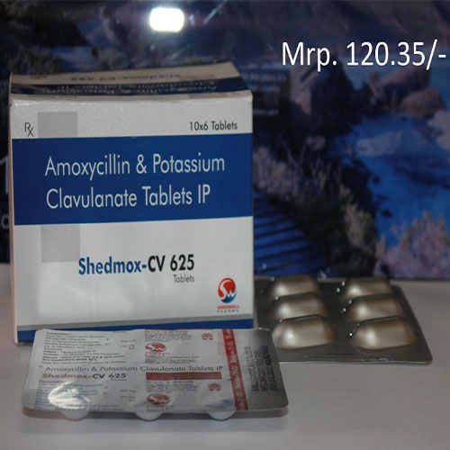 Product Name: Shedmox CV 625, Compositions of Shedmox CV 625 are amoxycillin & Potassium Clavulanate - Shedwell Pharma Private Limited