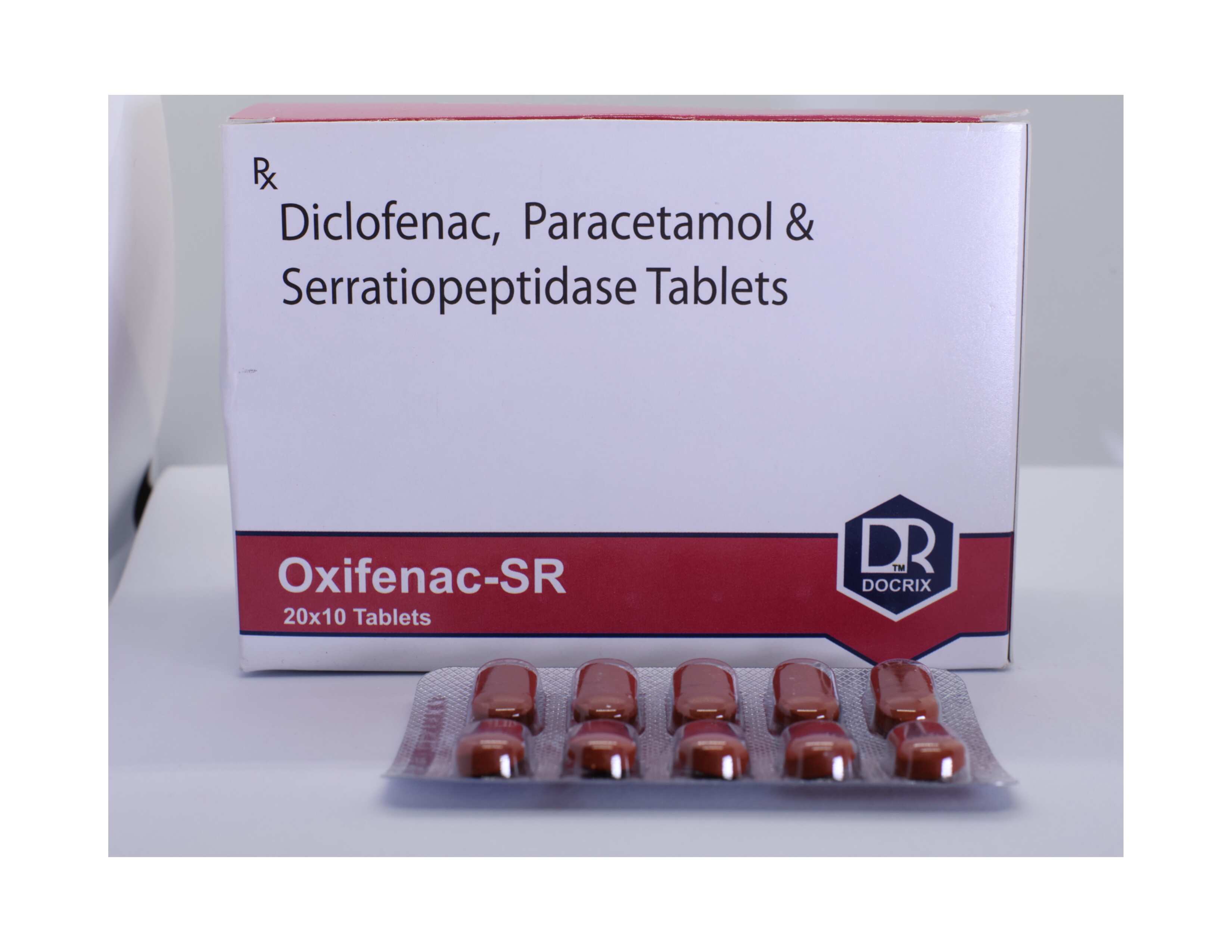 Product Name: Oxifenac SR, Compositions of Oxifenac SR are Diclofenac, Paracetamol & Serratiopeptidase Tablets - Docrix Healthcare