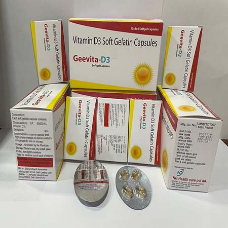 Product Name: Geevita D3, Compositions of Geevita D3 are Vitamin D3 Soft Gelatin Capsules - NG Healthcare Pvt Ltd