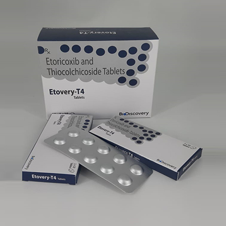 Product Name: Etovery T4, Compositions of Etovery T4 are Etoricoxib and THiocolchicoside Tablets - Biodiscovery Lifesciences Pvt Ltd