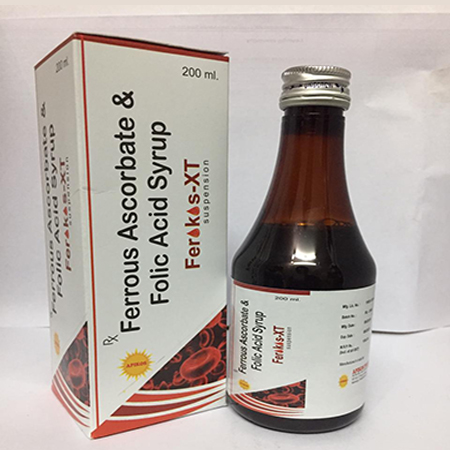 Product Name: FEROKOS XT, Compositions of FEROKOS XT are Ferrous Ascrobate & Folic Acid Syrup - Apikos Pharma