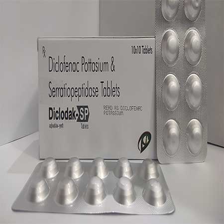 Product Name: Diclodak SP, Compositions of Diclodak SP are Diclofenac Potassium & Serratiopeptiside Tablets - Dakgaur Healthcare