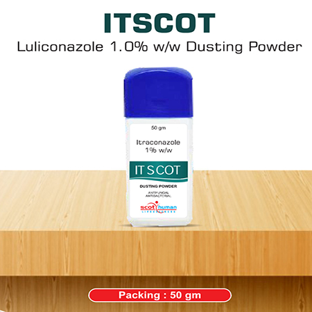 Product Name: Itscot, Compositions of Itscot are Luliconazole 1.0% w/w Dusting Powder  - Scothuman Lifesciences