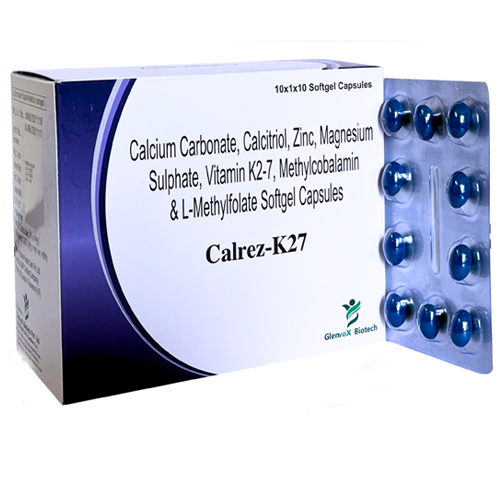 Product Name: Calrez K27, Compositions of Calrez K27 are Calcitriol, Calcium Carbonate, Zinc, Magnesium Sulphate, Vitamin K2-7, Methylcobalamin & L-Methylfolate Softgel Capsules - Glenvox Biotech Private Limited