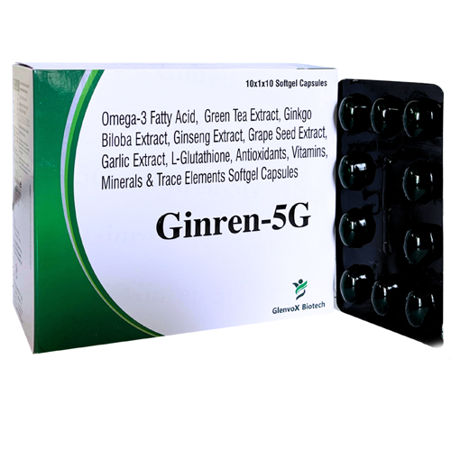 Product Name: Ginren 5G, Compositions of Ginren 5G are Omega 3 Fatty Acid, Green Tea Extract, Ginkgo Biloba Extract,  Ginseng Extract, Grape Seed Extract, Garlic Extract, L-Glutathione, Antioxidants, Vitamins, Minerals and Trace Elements Softgel Capsules - Glenvox Biotech Private Limited