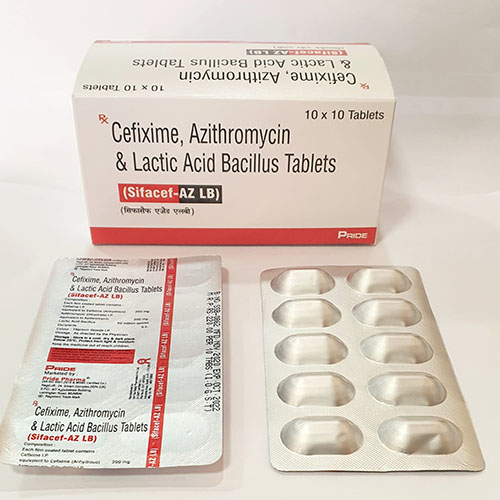 Product Name: Sifacef  AZ LB, Compositions of Sifacef  AZ LB are Cefixime,Azithromycin & Lactic Acid Bacillus Tablets - Pride Pharma