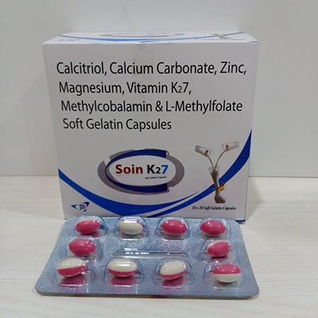 Product Name: Soin K27, Compositions of are Calcitriol, Calcium Carbonate Zinc Magnesium & L-Methylfolate Soft Gelatin Capsules - Soinsvie Pharmacia Pvt. Ltd