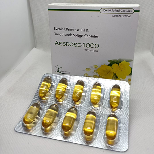 Product Name: Aesrose 1000, Compositions of Aesrose 1000 are Evening Primrose Oil & Tocotrienols Softgel Capsules - Medicamento Healthcare