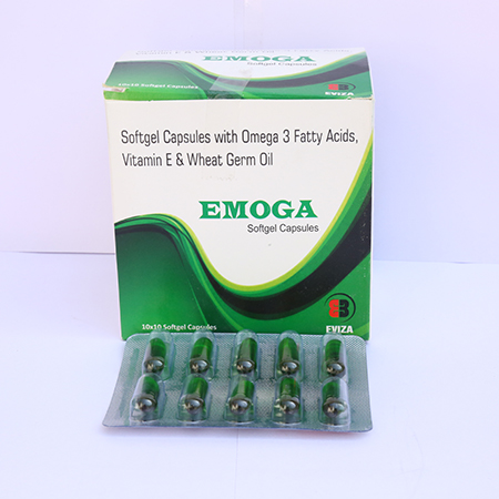 Product Name: Emoga, Compositions of Emoga are Softgel Capsules With Omega 3 Fatty Acids Vitamin E & Wheat Germ Oil - Eviza Biotech Pvt. Ltd