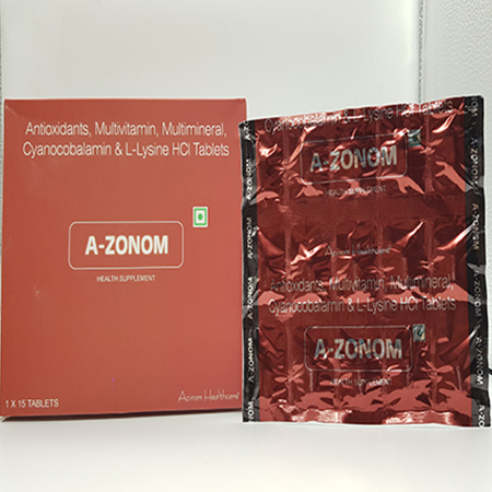 Product Name: A Zonom, Compositions of A Zonom are Antioxidants Multivitamin, Multimineral Cyanocobalamin and L Lysine HCL Tablets - Acinom Healthcare