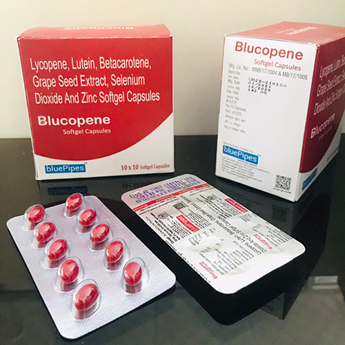 Product Name: BLUCOPENE SOFTGEL CAPSULES, Compositions of BLUCOPENE SOFTGEL CAPSULES are Lycopene,Lutein,Betacarotene,Grape Seed Extract,Selenium Dioxide And Zinc Softgel Capsules - Bluepipes Healthcare