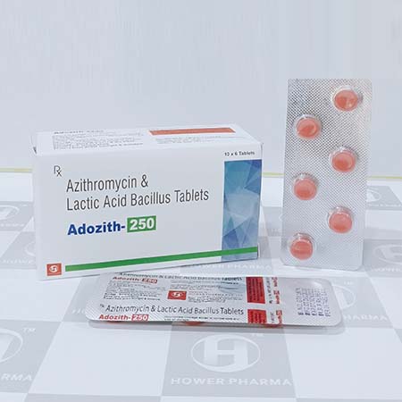 Product Name: Adozith 250, Compositions of Adozith 250 are Azithromycin & Lactic Acid Bacillus Tablets  - Hower Pharma Private Limited