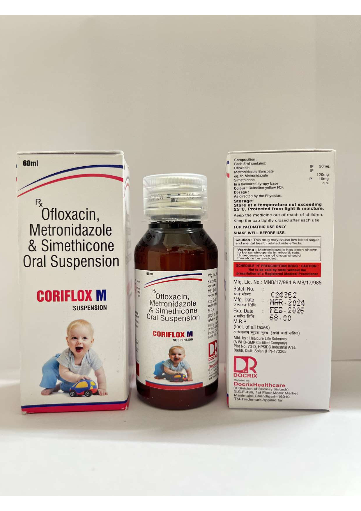 Product Name: Coriflox M, Compositions of Coriflox M are Ofloxacin Metronidazole & Simethicone Oral Suspension - Docrix Healthcare
