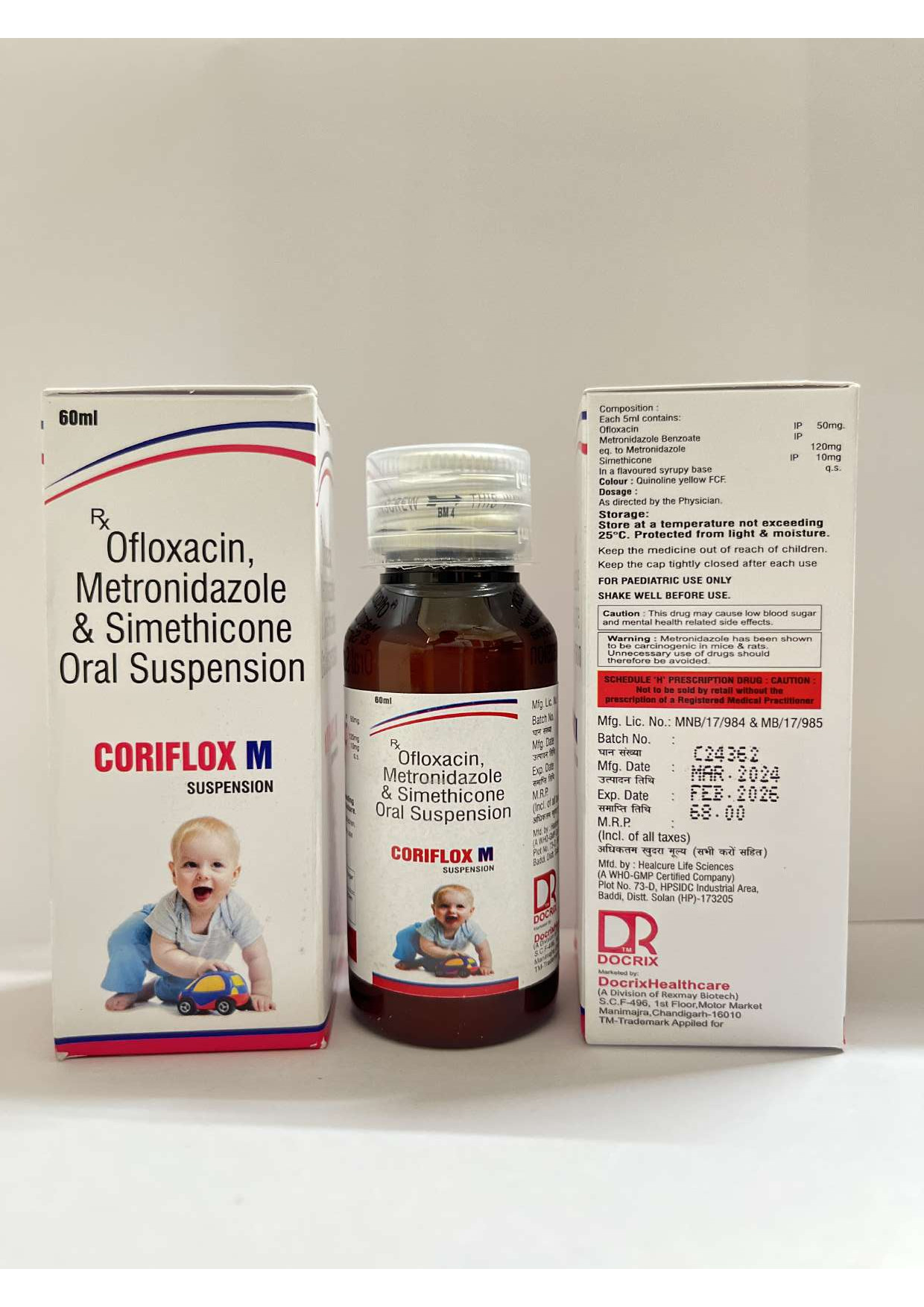 Product Name: Coriflox M, Compositions of are Ofloxacin Metronidazole & Simethicone Oral Suspension - Docrix Healthcare