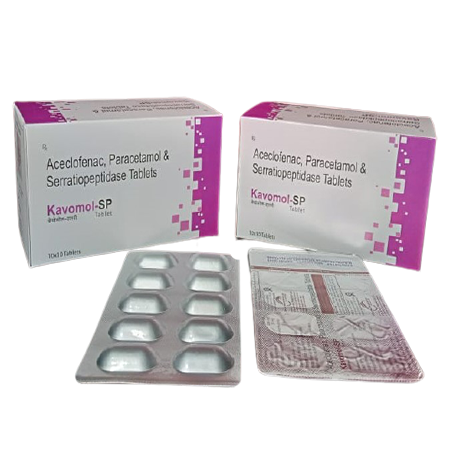 Product Name: Kavomol SP, Compositions of Kavomol SP are Aceclofenac, Paracetamol & Serratiopeptidase Tablets - Kevlar Healthcare Pvt Ltd