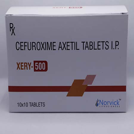Product Name: XERY 500, Compositions of XERY 500 are Cefuroxime Axetil Tablets IP - Norvick Lifesciences
