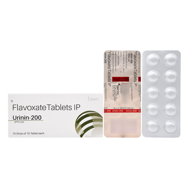 Product Name: URININ 200, Compositions of URININ 200 are Flavoxate Hydrochloride I.P. 200 mg - Fawn Incorporation