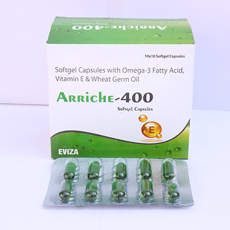 Product Name: Arriche 400, Compositions of Arriche 400 are Softgel Capsules with Omega 3 Fatty Acid, Vitamin E & Wheat Germ Oil - Eviza Biotech Pvt. Ltd