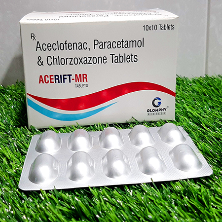 Product Name: ACERIFT MR, Compositions of ACERIFT MR are Aceclofenac, Paracetamol & Chlorzoxazone Tablets - Glomphy Biotech