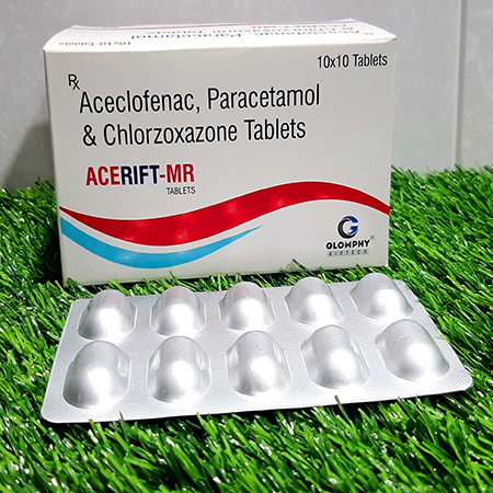 Product Name: Acerift mr, Compositions of Acerift mr are Aceclofenac, Paracetamol & Chlorzoxazone Tablets - Glomphy Biotech