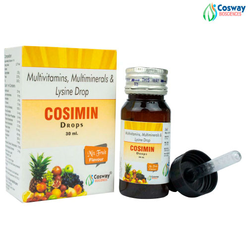 Product Name: COSIMIN, Compositions of COSIMIN are MULTIVITAMIN+LYSINE DROPS - Cosway Biosciences