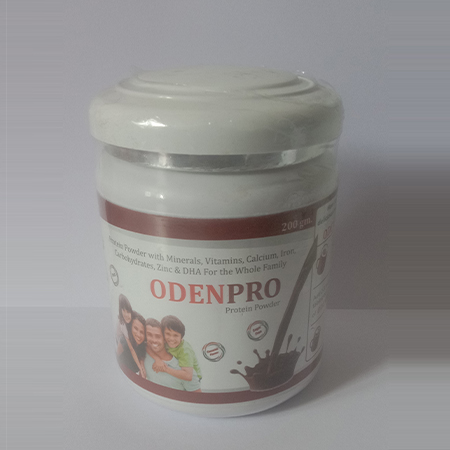 Product Name: Odenpro, Compositions of Odenpro are Protein Powder with Minerals, Vitamins, Calcium, Iron, Carbohydrates, Zinc & DHA for the Whole Family - Denmed Pharmaceutical