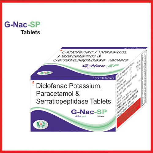 Product Name: G Nac SP, Compositions of G Nac SP are Diclofenac Potassium,Paracetamol & Serratiopepetidase Tablets - Greef Formulations